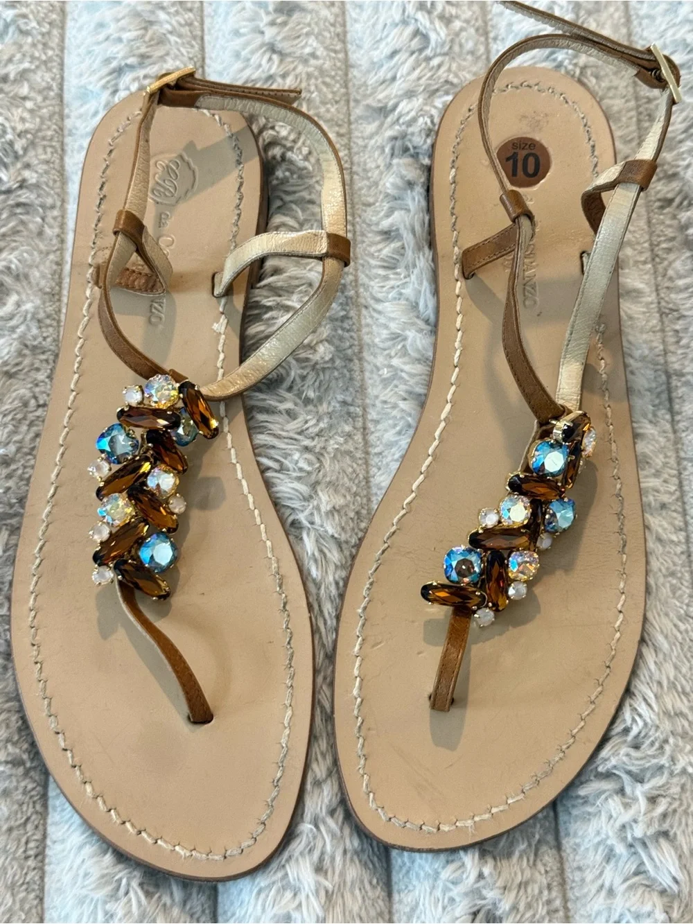 CR da Costanzo Capri Women's Beige/Tan Jeweled T-Strap Sandals Size 10